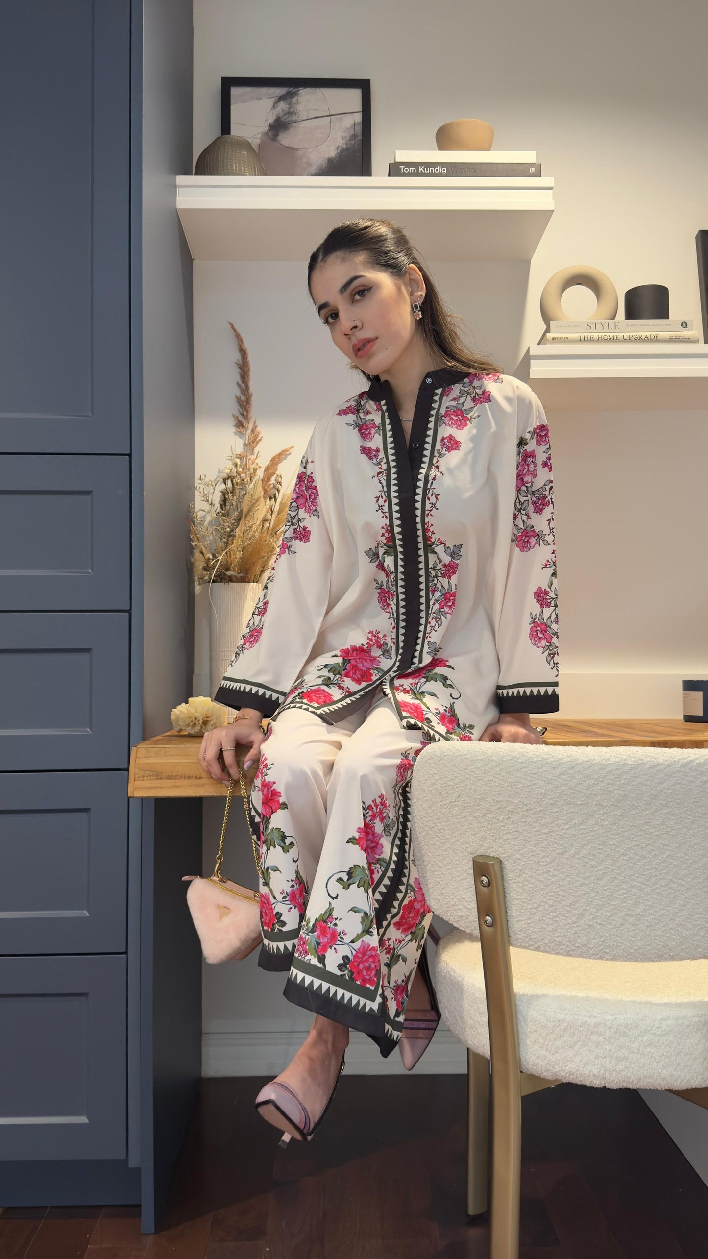LEV-A013 – 2PC Printed Co-Ord Set (White pink )