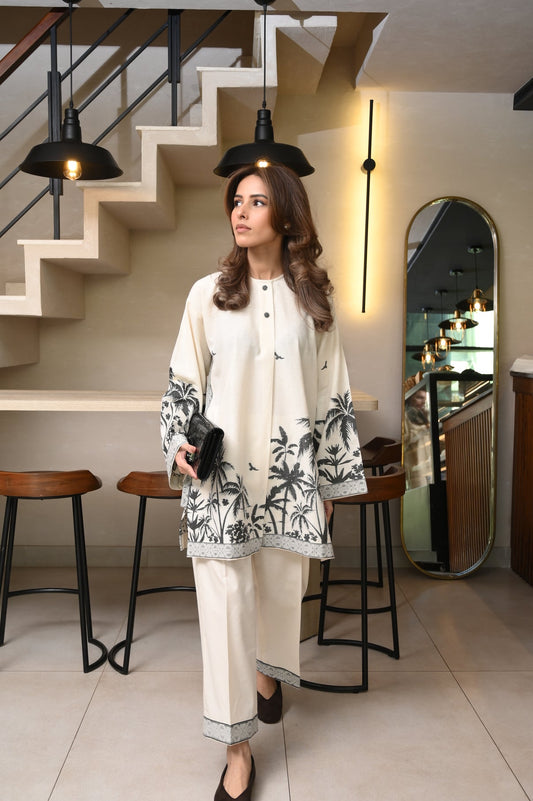 LEV-A014 – 2PC Printed Co-Ord Set (White black )